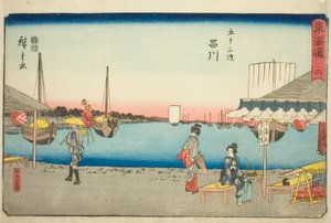 Shinagawa: Teehäuser in Samegafuchi (Shinagawa, Samegafuchi no chaya)—Nr. 2, aus der Serie "Dreiundfünfzig Stationen des Tokaido (Tokaido gojusan tsugi)," auch bekannt als Reisho Tokaido