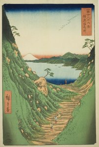 Shiojiri-Pass in der Provinz Shinano, aus der Serie "Sechsunddreißig Ansichten des Berges Fuji" von Utagawa Hiroshige