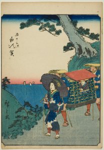 Shirasuka, aus der Serie "Dreiundfünfzig Stationen [des Tokaido] (Gojusan tsugi)," auch bekannt als die Figuren-Tokaido (Jinbutsu Tokaido) von Utagawa Hiroshige