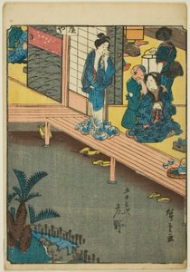 Shono, aus der Serie "Dreiundfünfzig Stationen [der Tokaido] (Gojusan tsugi)," auch bekannt als die Figuren-Tokaido (Jinbutsu Tokaido)