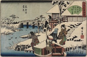 Schneeszene am Mokubo-ji Tempel und dem Restaurant Uekiya, ca. 1835-1842