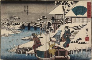 Schneeszene am Mokubo-ji-Tempel und dem Restaurant Uekiya, ca. 1835-1842