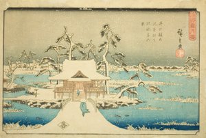 Schnee am Benzaiten-Schrein im Inokashira-Teich (Inokashira no ike Benzaiten no yashiro yuki no kei), aus der Serie „Schnee, Mond und Blumen an berühmten Orten (Meisho setsugekka)“