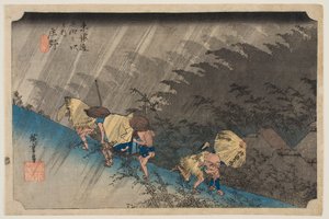Plötzlicher Regenschauer in Shōno, aus der Serie „Die 53 Stationen des Tōkaidō“ von Utagawa Hiroshige