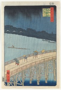 Plötzlicher Regenschauer über der Ōhashi-Brücke und Atake, aus der Serie „Hundert berühmte Ansichten von Edo“ von Utagawa Hiroshige