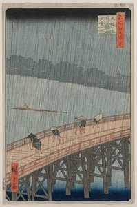 Plötzlicher Regenschauer über der Shin-Ohashi-Brücke und Atake..., 1857 von Utagawa Hiroshige