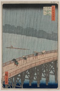 Plötzlicher Regenschauer über der Shin-Ōhashi-Brücke und Atake, aus der Serie Einhundert berühmte Ansichten von Edo von Utagawa Hiroshige