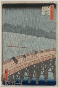 Plötzlicher Regenschauer über der Shin-Ōhashi-Brücke und Atake, aus der Serie Einhundert berühmte Ansichten von Edo von Utagawa Hiroshige