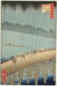 Plötzlicher Regenschauer über der Shin Ohashi Brücke und Atake (Ohashi Atake no yudachi), aus der Serie "Hundert berühmte Ansichten von Edo (Meisho Edo hyakkei)" von Utagawa Hiroshige