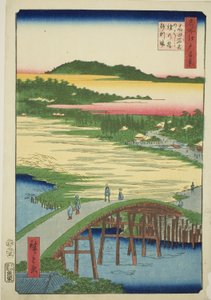 Sugatami-Brücke, Omokage-Brücke und die Kiesgrube bei Takata (Takata Sugataminohashi Omokagenohashi jariba), aus der Serie "Hundert berühmte Ansichten von Edo (Meisho Edo hyakkei)" von Utagawa Hiroshige