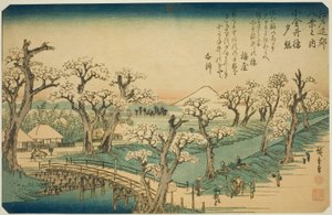 Abendrot an der Koganei-Brücke (Koganei-bashi sekisho), aus der Serie "Acht Ansichten in der Umgebung von Edo (Edo kinko hakkei no uchi)" von Utagawa Hiroshige
