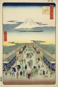Surugacho, aus der Serie "Hundert berühmte Ansichten von Edo (Meisho Edo hyakkei)" von Utagawa Hiroshige