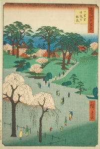 Tempelgärten in Nippori (Nippori jiin no rinsen), aus der Serie "Hundert berühmte Ansichten von Edo (Meisho Edo hyakkei)"
