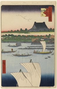 Teppozu und Tsukiji Honganji-Tempel, Nr. 78 aus Einhundert berühmte Ansichten von Edo, 1858 von Utagawa Hiroshige