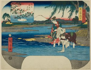 Der Chofu-Juwelenfluss in der Provinz Musashi (Musashi Chofu) und der Noji-Juwelenfluss in der Provinz Omi (Omi Noji no Tamagawa), aus der Serie "Sechs Juwelenflüsse in verschiedenen Provinzen (Shokoku Mu Tamagawa)" von Utagawa Hiroshige
