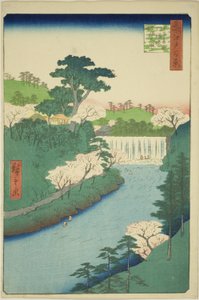Der Damm am Otonashi-Fluss in Oji, allgemein genannt "Der große Wasserfall", aus der Serie "Hundert berühmte Ansichten von Edo"