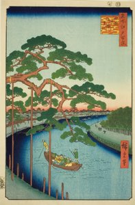 Die fünf Kiefern am Onagi-Fluss (Onagigawa Gohonmatsu), aus der Serie "Hundert berühmte Ansichten von Edo (Meisho Edo hyakkei)" von Utagawa Hiroshige