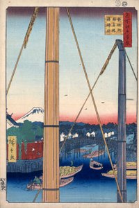 Der Hafenschrein und die Inari-Brücke in Teppozu, Hundert berühmte Ansichten von Edo, 1856-1858 von Utagawa Hiroshige
