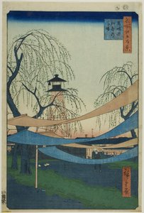 Die Hatsune-Reitplätze in Bakuro-cho (Bakuro-cho Hatsune no Baba), aus der Serie "Hundert berühmte Ansichten von Edo (Meisho Edo hyakkei)" von Utagawa Hiroshige