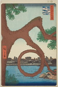 Die Mondkiefer auf dem Tempelgelände in Ueno, aus der Serie „Hundert berühmte Ansichten von Edo“ von Utagawa Hiroshige