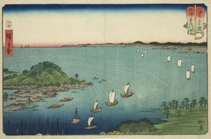 Die Mündung des Aji-Flusses in der Provinz Settsu (Settsu Ajikawaguchi), aus der Serie „Wettkämpfe zwischen Bergen und Meeren (Sankai mitate zumo)“