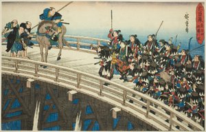 Der nächtliche Angriff, Teil 4 [sic; eigentlich 5]: Der Rückzug über die Ryogoku-Brücke, aus der Serie "Die Rache der loyalen Vasallen (Chushingura)"