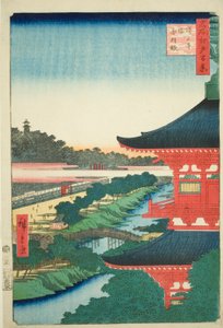 Die Pagode am Zojo-Tempel und Akabane (Zojoji to, Akabane), Nr. 53 aus der Serie "Hundert berühmte Ansichten von Edo (Meisho Edo hyakkei)" von Utagawa Hiroshige