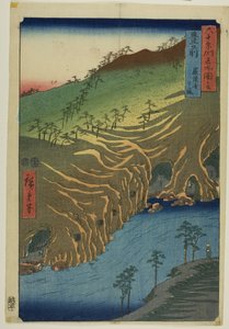 Die Straße unterhalb des Rakan-Tempels in der Provinz Buzen, aus der Serie "Dreiundfünfzig Stationen des Tokaido"