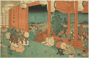Der heilige Tanz am Shinmei-Schrein in Shiba bei Morgengrauen (Shiba Shinmei, Omiya gengyo kagura no zu), aus der Serie "Berühmte Orte in der östlichen Hauptstadt (Toto meisho)" von Utagawa Hiroshige