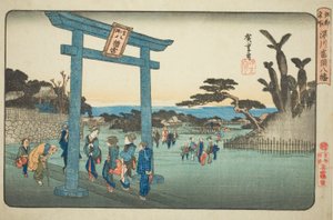 Der Tomigaoka Hachiman-Schrein in Fukagawa, aus der Serie "Berühmte Orte in Edo" von Utagawa Hiroshige