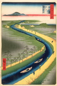 Schleppkähne entlang des Yotsugi-dori-Kanals, Platte 33 aus der Serie Einhundert berühmte Ansichten von Edo, Edo-Periode, Ansei-Ära, 1857 von Utagawa Hiroshige