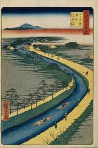 Schleppboote auf dem Yotsugi-dori-Kanal, Einhundert berühmte Ansichten von Edo von Utagawa Hiroshige