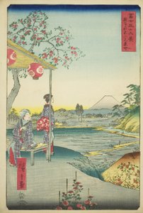 Blick auf den Berg Fuji von einem Teehaus in Zoshigaya (Zoshigaya Fujimi chaya), aus der Serie "Sechsunddreißig Ansichten des Berges Fuji (Fuji sanjurokkei)" von Utagawa Hiroshige