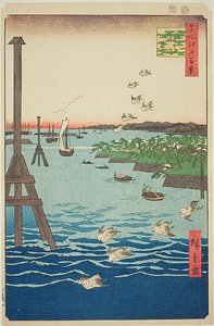 Blick auf die Shiba-Küste (Shibaura no kei), mit hell- und dunkelblauem Wasser, Nr. 108 aus der Serie Einhundert berühmte Ansichten von Edo (Meisho Edo hyakkei)