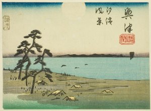 Ansicht von Shiohama und Kiyomigaseki in Okitsu, Abschnitt von Blatt Nr. 4 aus der Serie "Ausschnitte der Tokaido-Straße" von Utagawa Hiroshige