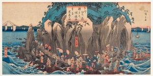 Ansicht einer Pilgerreise zur Höhle und zum Schrein von Benzaiten in Enoshima, Sagami, ca. 1850-51
