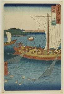 Wakasa Provinz: Fischerboot beim Flachfischfang, aus der Serie "Berühmte Orte in den Sechzig-ungefähr Provinzen (Rokujuyoshu meisho zue)" von Utagawa Hiroshige