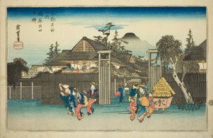 Weidenbaum am Tor des Shimabara-Vergnügungsviertels (Shimabara deguchi no yanagi), aus der Serie "Berühmte Orte in Kyoto (Kyoto meisho no uchi)" von Utagawa Hiroshige