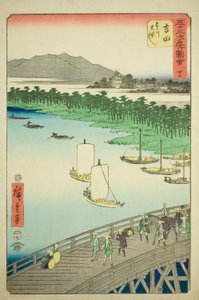 Yoshida: Große Brücke über den Toyo-Fluss (Yoshida, Toyokawa ohashi), Nr. 35 aus der Serie "Berühmte Ansichten der dreiundfünfzig Stationen (Gojusan tsugi meisho zue)", auch bekannt als der vertikale Tokaido von Utagawa Hiroshige
