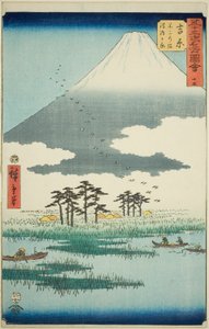 Yoshiwara: Fuji-Sumpf und Ukishima-Ebene (Yoshiwara, Fuji no numa ukishima ga hara), Nr. 15 aus der Serie "Berühmte Ansichten der dreiundfünfzig Stationen (Gojusan tsugi meisho zue)", auch bekannt als der Vertikale Tokaido von Utagawa Hiroshige