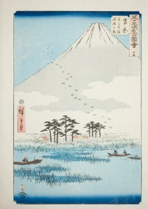 Yoshiwara: Fuji-Sumpf und Ukishima-Ebene (Yoshiwara, Fuji no numa ukishima ga hara), Nr. 15 aus der Serie Berühmte Ansichten der dreiundfünfzig Stationen (Gojusan tsugi meisho zue), auch bekannt als der vertikale Tokaido von Utagawa Hiroshige