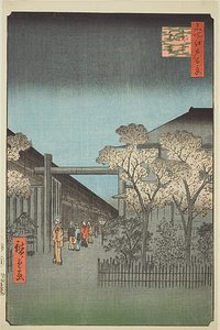 Yoshiwara-Lizenzviertel bei Morgendämmerung (Kakuchu shinonome), Nr. 38 aus der Serie „Hundert berühmte Ansichten von Edo (Meisho Edo hyakkei)“ von Utagawa Hiroshige
