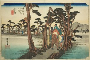 Yoshiwara: Berg Fuji links (Yoshiwara, hidari Fuji), aus der Serie "Fünfzig-drei Stationen der Tokaido-Straße (Tokaido gojusan tsugi no uchi)," auch bekannt als Hoeido Tokaido von Utagawa Hiroshige