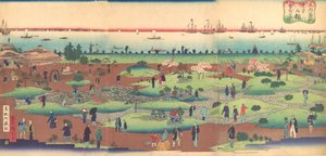Illustration des Vorgartens des Tsukiji Hotels in der östlichen Hauptstadt Toto, ca. 1868-72 von Utagawa Hiroshige III