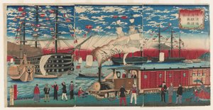 Bild einer Lokomotive entlang der Yokohama-Wasserfront, Yokohama, Edo-Periode