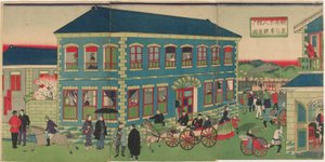 Bild des Dampfzugs von den ausländischen Niederlassungen in Yokohama, Meiji-Ära von Utagawa Hiroshige III