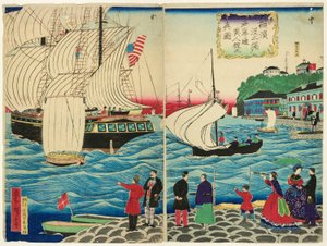 Wahre Ansicht der ausländischen Gebäude entlang der Uferpromenade, gesehen von den Yokohama-Docks (Yokohama hatoba yori kaigandori ijinkan no shinzu)