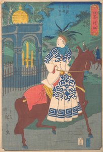 Amerikanische Frau reitet im Damensattel auf der Straße in Hommoku, Motomura, Yokohama, 2. Monat, 1861