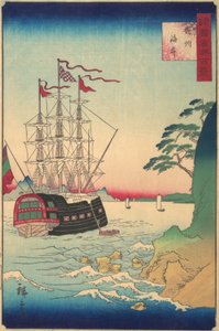 Niederländisches Schiff vor Anker vor der Küste von Tsushima, 3. Monat, 1859 von Utagawa Hiroshige II