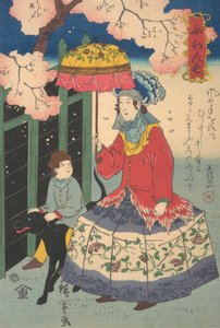 Französische Frau, ihr Kind und Haustierhund, 10. Monat, 1860 von Utagawa Hiroshige II